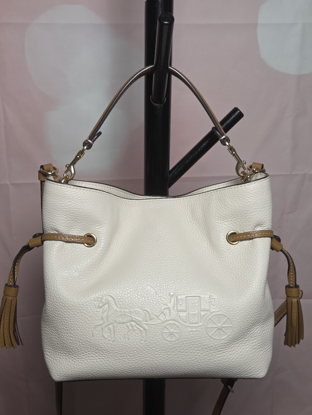 Coach Ivory AndyPebbled Leather Drawstring Shoulder Bag w/ Tan Accents & Tassels